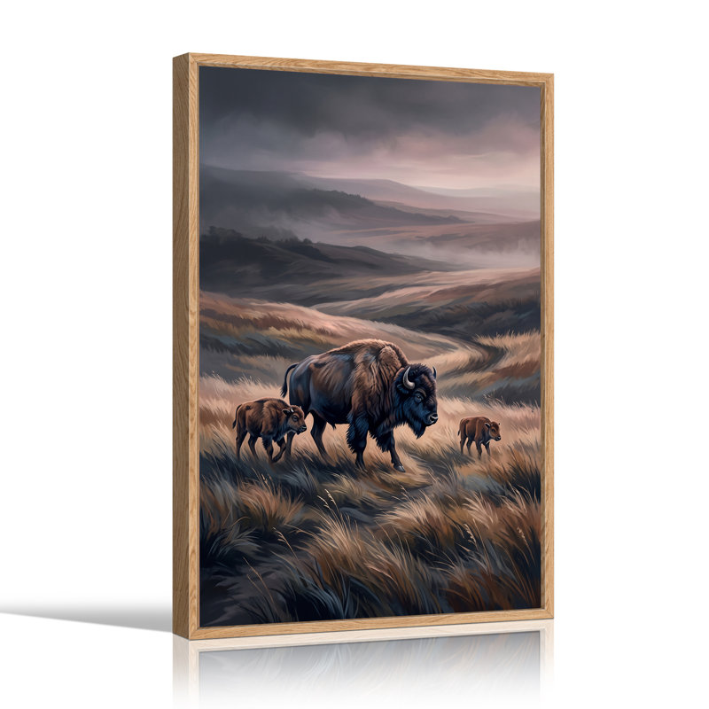 Art mural sur toile, bison brun et veaux, H 36 po x l 24 po