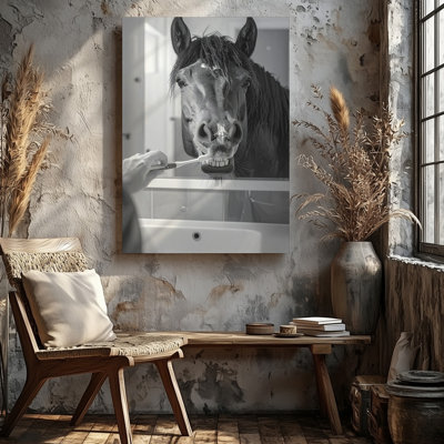 Canvas Wall Art Toothbrush Horse Canvashumorous Equestrian Bathroom Art Ready To Hang Gallery Wrapped Home Decor Modern Design Decor