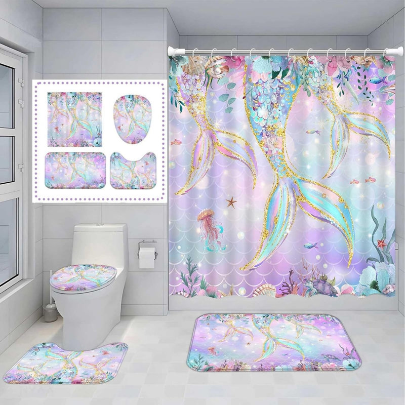 Ensemble de salle de bain sirène 4 pièces avec rideau de douche, Rose abstrait