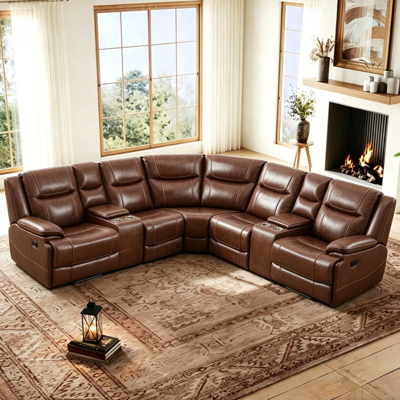 7-Piece Modern & Contemporary Premium Genuine Leather Manual Recline Sectional Sofa With 2 Consoles & Dual Reclining
