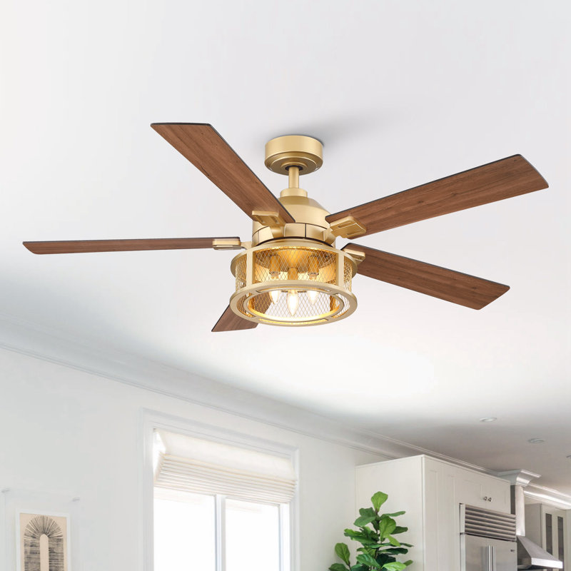 Rippeon 52'' Ceiling Fan with Light Kit, Gold with Walnut/Oak Blades
