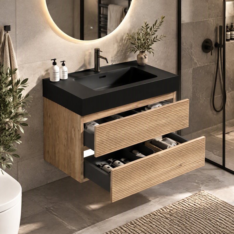Meuble-lavabo de 30 pi avec lavabo en quartz d'ingénierie et tiroirs noirs doux, Chêne, 30", Quartz d'ingénierie noir