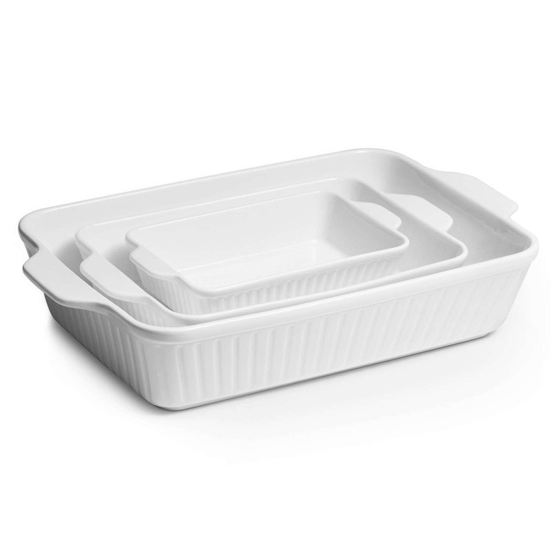 3-Piece Ceramic Baking Dish Set, Rectangular Casserole Dishes in Nesting Sizes, White