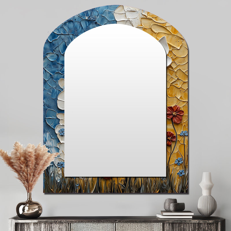 Gold Mexican Fiesta Floral Mosaic - Gold Bohemian Arch Wall Mirror, 43 po x 33 po