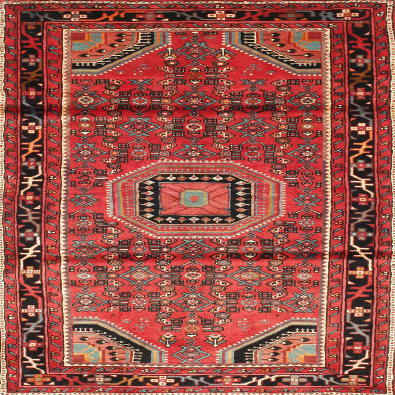 Tapis traditionnel rouge / noir / gris, Rond 7 pi