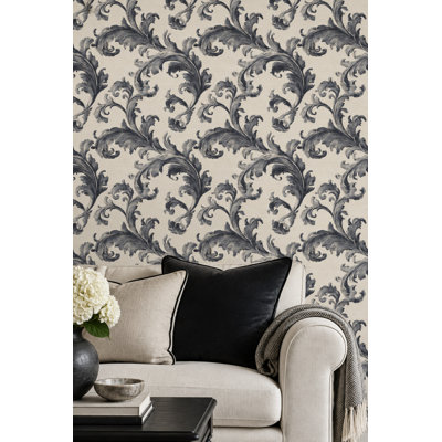 Papier peint à motifs damassés de feuilles d'acanthe, couleur crème et bleu marine