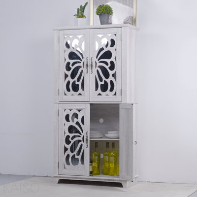 Light Gray 67.4"H 4 Mirrored Doors Accent Storage Cabinet, Corner Entryway Living Room Bedroom Kitchen Display Cabinet Bookcase With Adjustable Shelves