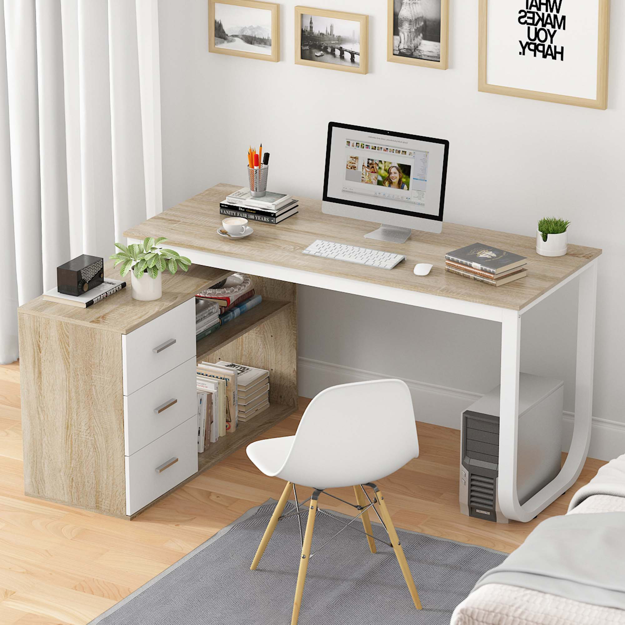 Fort Myers Reversible Multi-Functional Desk with Storage Drawers and Open Shelving