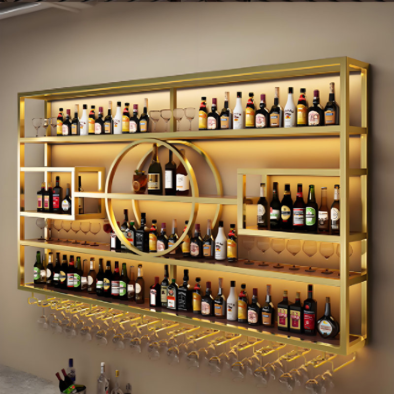 Light Luxury Wall Mounted Wine Rack, Gold, 51.1" H x 98.4" W x 7.8" D