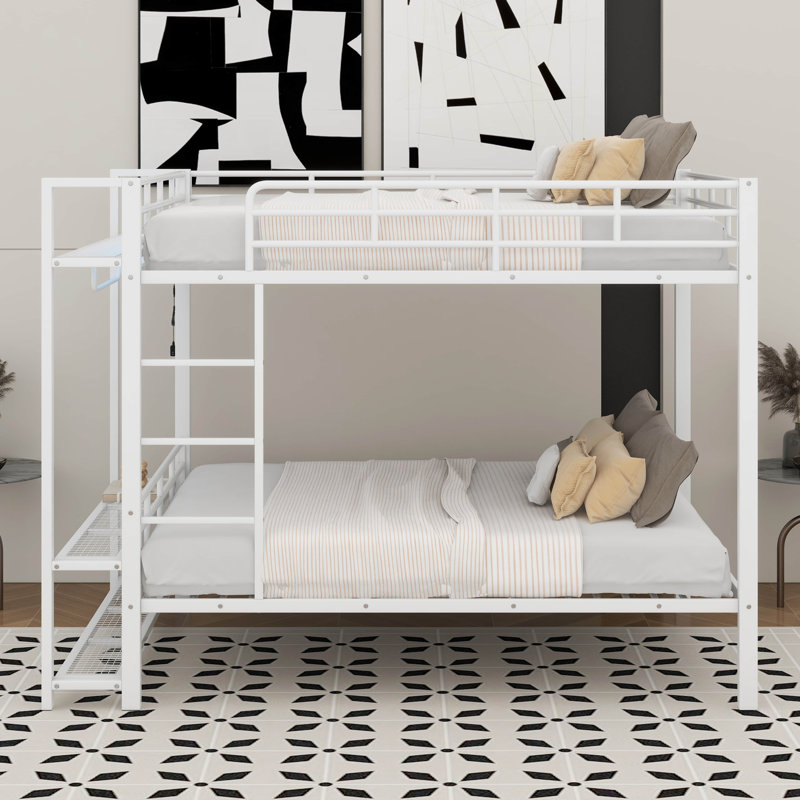 Full Size Metal Bunk Bed With Storage Mesh Shelves And Clothes Hooks,LED Light, White