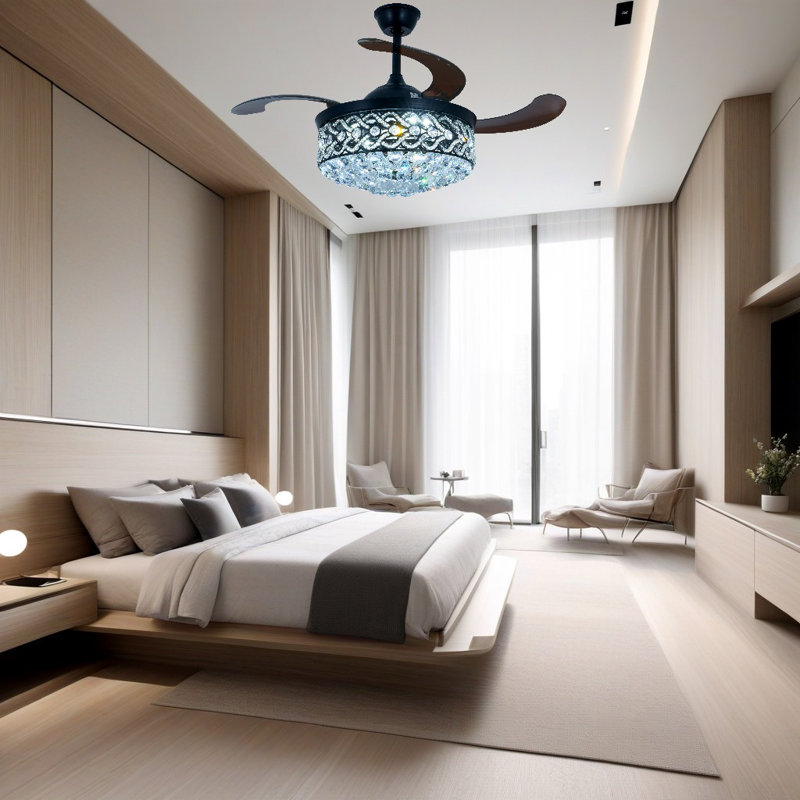 42’ - Black Heart Crystal Invisible Fan Light - Remote Dimmable - For Living Room, Kitchen Island, Bedroom, Etc.
