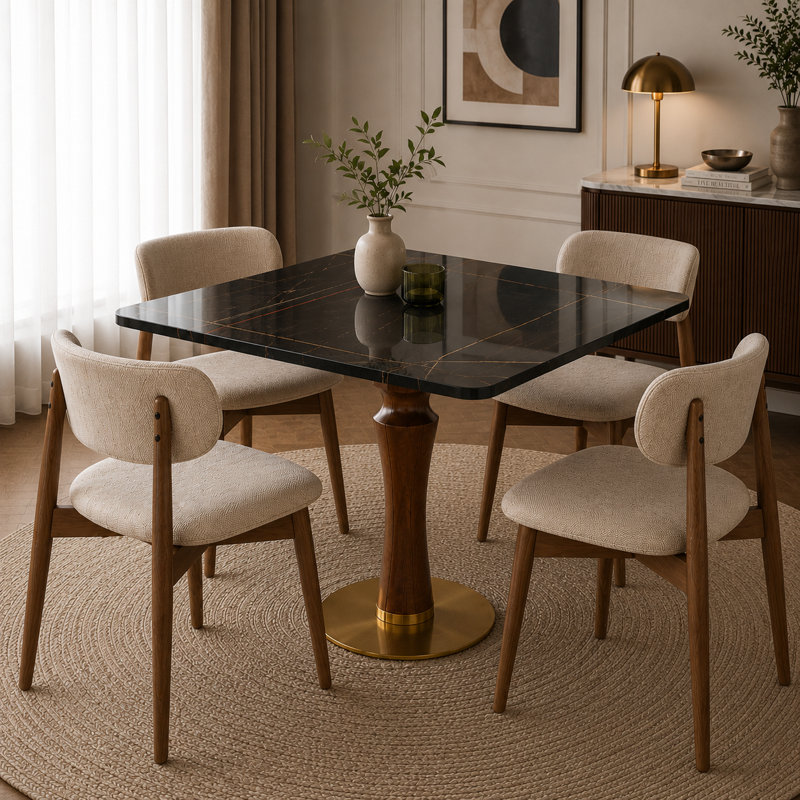 Table de salle à manger 33,5 po ronde en pierre frittée avec base en bois d'hévéa massif et base en acier inoxydable brossé doré, table de salle à manger moderne pour 2 à 4 personnes