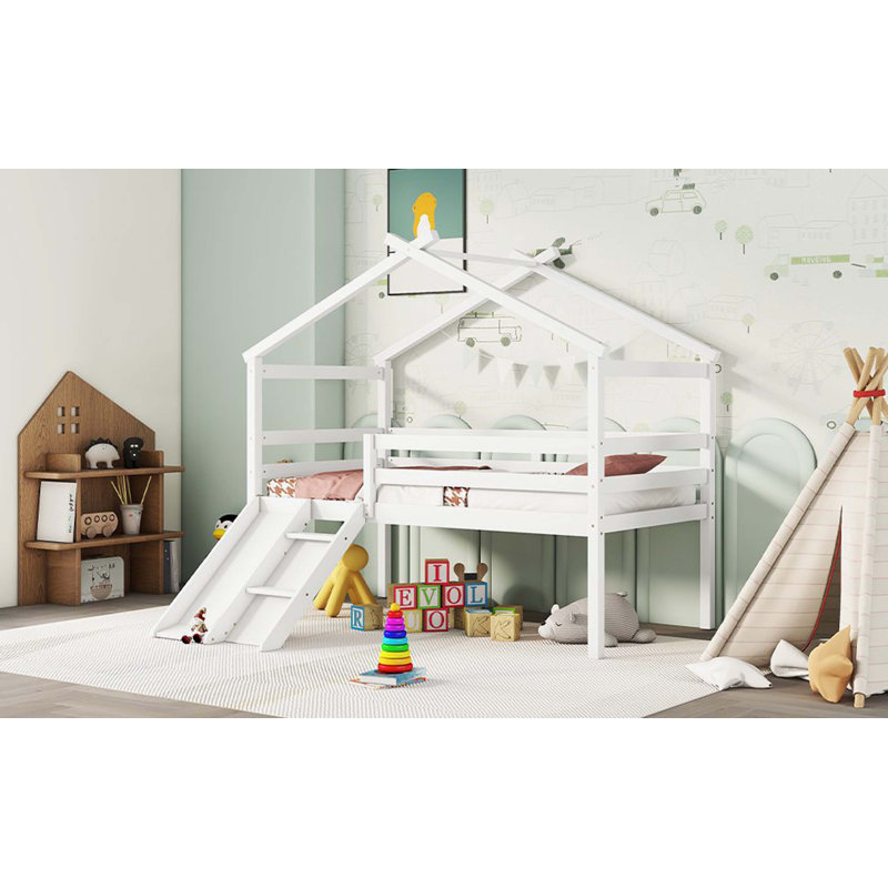 White Watsons Low Loft House Bed With Slide, Ladder, Safety Guardrails & House Roof Frame, White