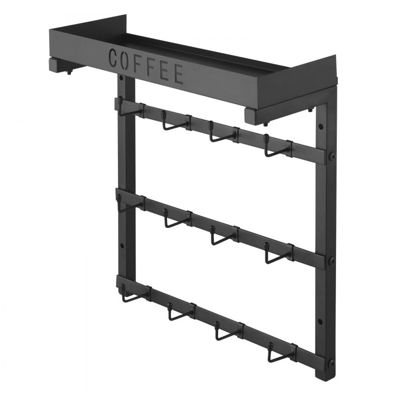 Porte-tasse à café fixé au mur avec 12 crochets mobiles et support à tasses à tablette supérieure