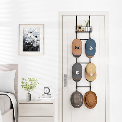 Over Door Hat Rack, Wall Mounted Hat Holder With 6 Hooks And Metal Basket Design, Baseball Cap Organizer Storage Up To 32 Caps