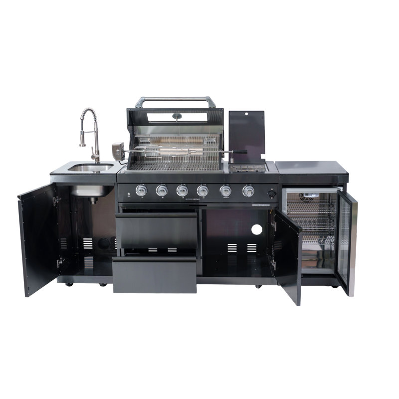 Îlot de cuisine 85 pouces à 4 brûleurs 72 000 BTU - Acier inoxydable de luxe avec évier, refroidisseur à vin, rôtissoire et comptoirs en granit