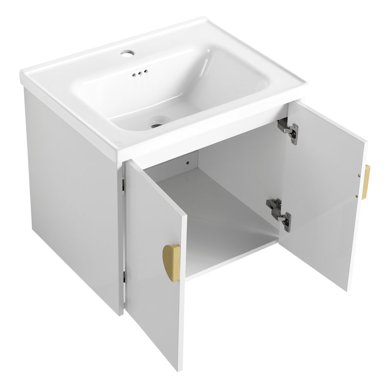 Meuble-lavabo mural 60 po. Couleur blanc brillant. Lavabo et petit rangement inclus. Bassin en céramique, fabrication en contreplaqué. 2 armoires et lavabos. Assemblage requis, montage moderne, blanc. Tablettes.