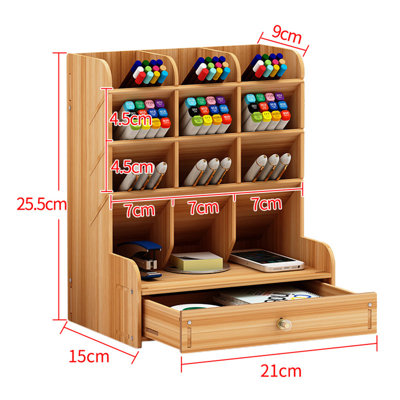 Wooden Office Desk Pen Pencil Holder Storage Organizer Tidy Shelf With Drawer