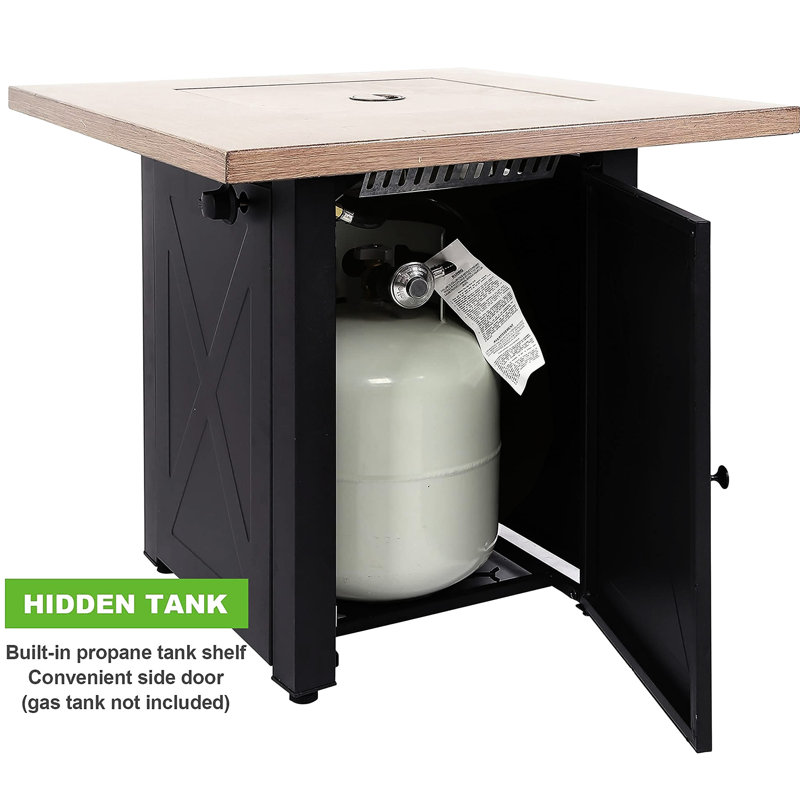 28Inch Outdoor Gas Fire Pit Table, 48000 . Square Propane Patio With . Bionic Wood Grain Lid. For Backyard, Garden, Party, Deck And Courtyard. Brown Steel. 27.93 In. Depth/Width, 24.14 Height, 63.36