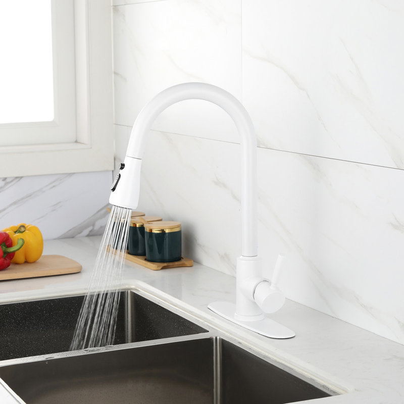 White Stainless Steel Kitchen Faucet, Pull-Out Spray For Practical Operations, 360 Rotatable Nozzle, Two Water Output Settings, Easy Single Operation Modern Faucet With Steel, Pull Out Functionality