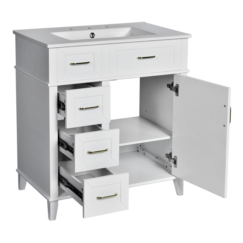 Meuble-lavabo de 30 po avec lavabo en céramique, étagères réglables, quincaillerie à fermeture en douceur, portes silencieuses, bois massif et matériau