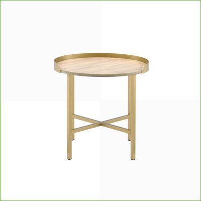 Oak and Gold Coffee Table with Cross-Bar Base – Tray Top for Elegant, Functional Living Space