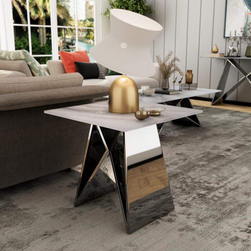Ensemble de 2 tables de bout en verre trempé blanc 24 po avec base en forme de M argenté