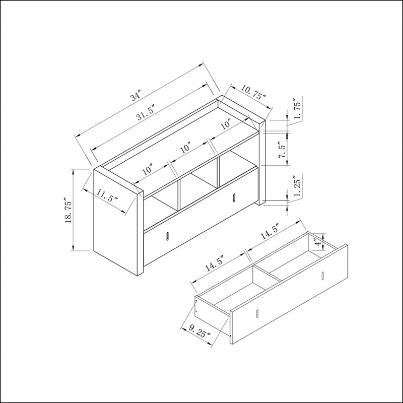 Hitchcock Storage Bench with Three Shelves and Storage Drawer, Gray
