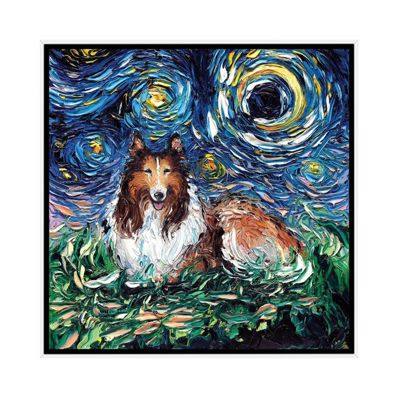 Reproduction d’art, "Collie Night" par AJA, H 37 po x l 37 po x P 1,5 po, Toile blanche encadrée, Pas de tapis