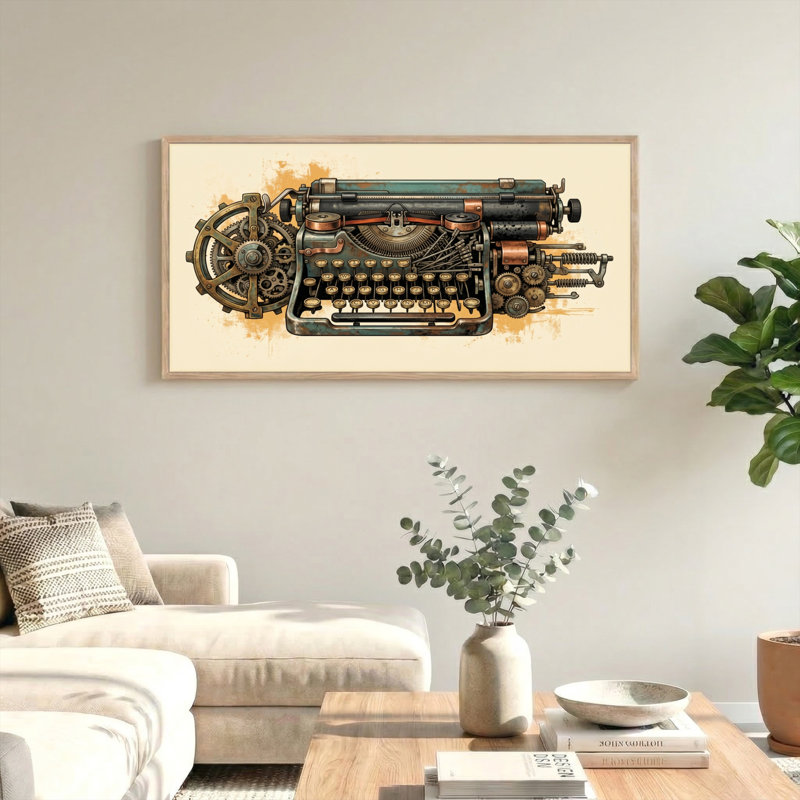 Ensemble de 1 tableau sur toile Steampunk représentant une machine à écrire, 40“W x 20”H, Natural