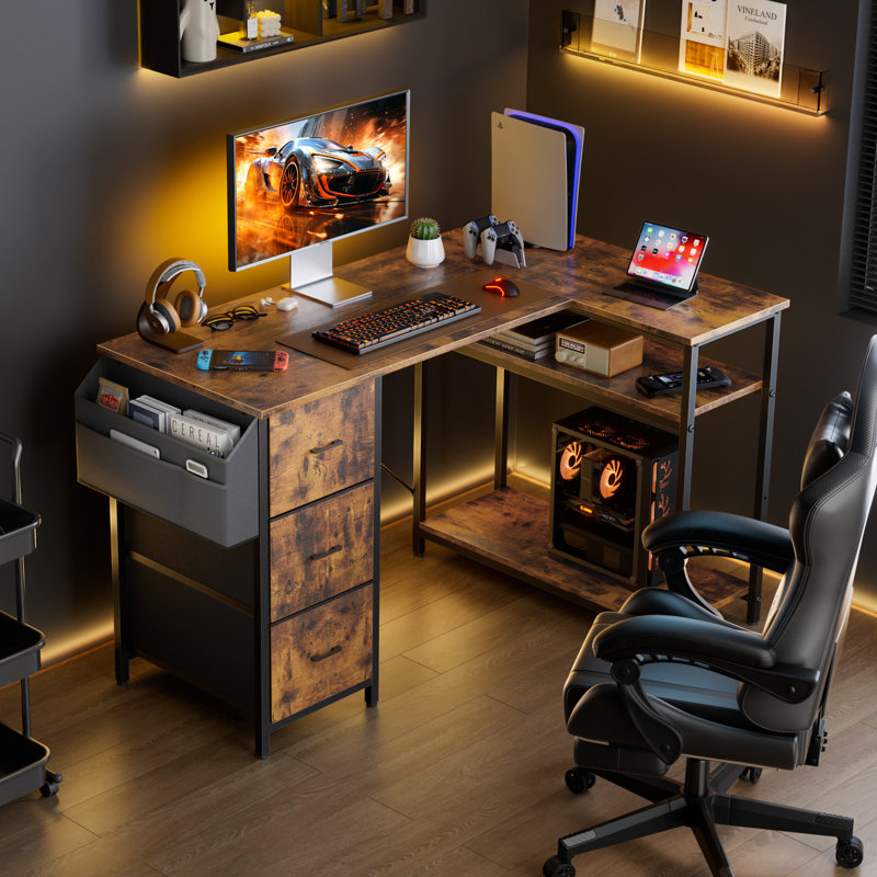 L-Shaped Computer Desk with Storage Bag & 3 Fabric Drawers, Modern Home Office Corner Desk with Storage Shelves, Space-Saving Workstation for Bedroom, Study & Small Spaces