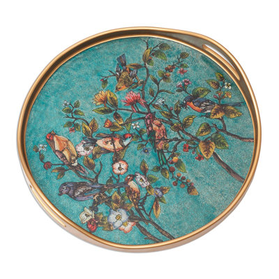 Floral Reverse-Painted Glass Tray