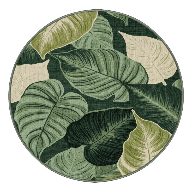 Machine Washable Botanical Green Area Rug, Round 8'
