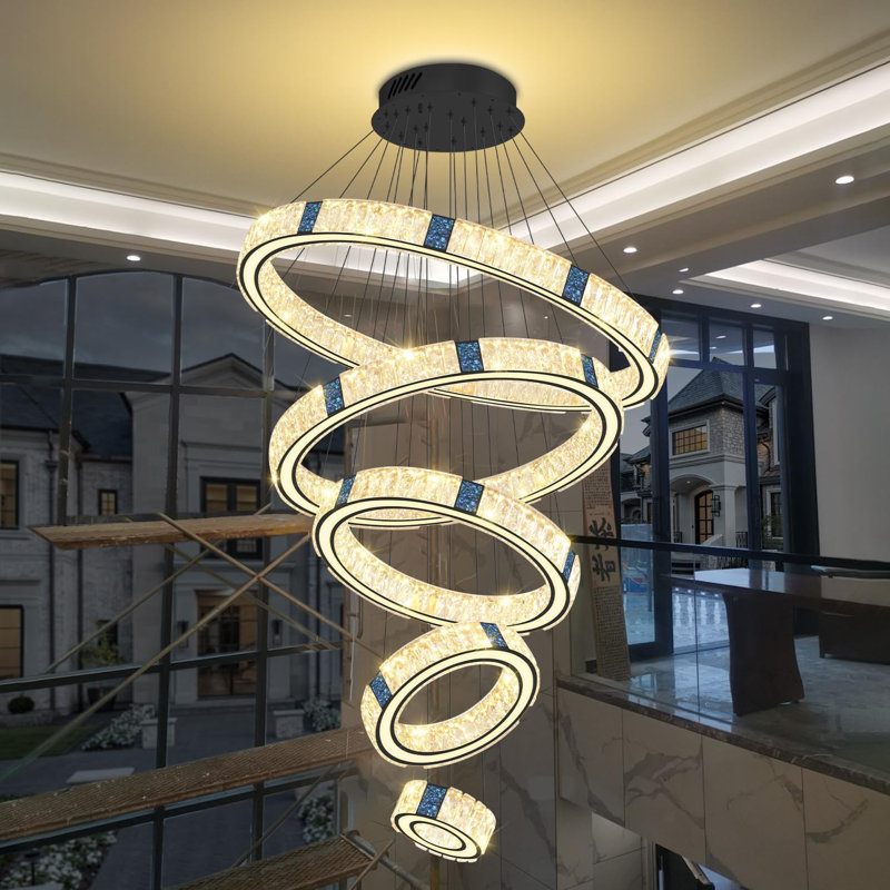 Grand lustre à anneaux DEL pour salon, noir, 5 anneaux, lustre haut de plafond