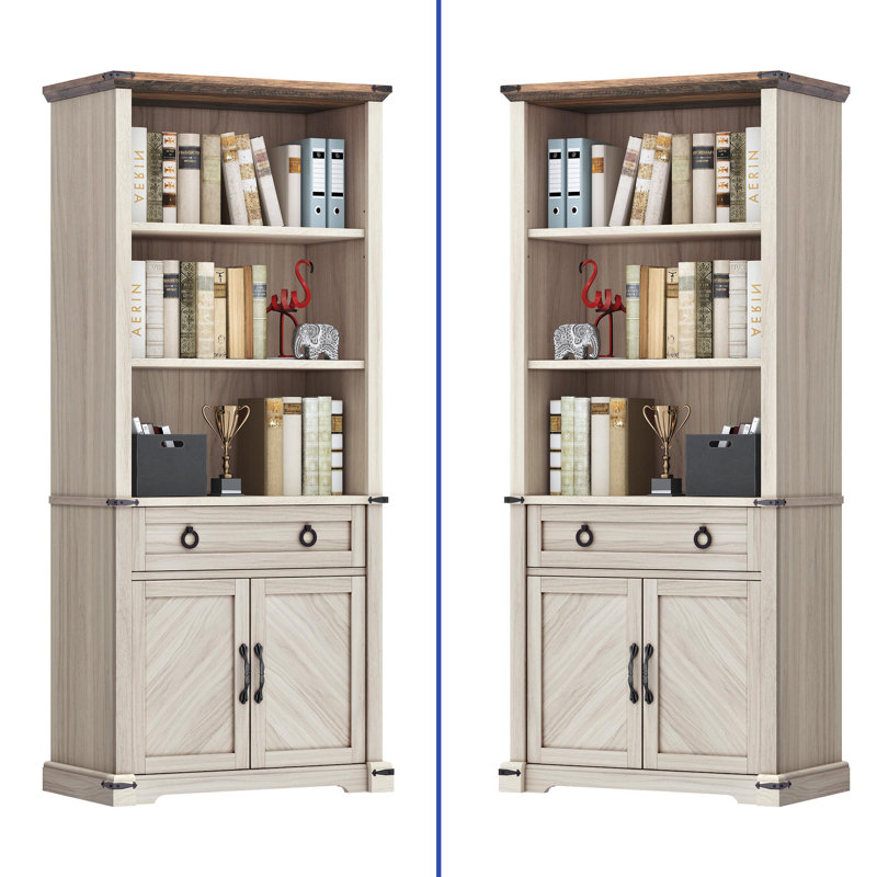 Bibliothèque rustique blanche à 2 tablettes et armoires avec tiroir et rangement ouvert