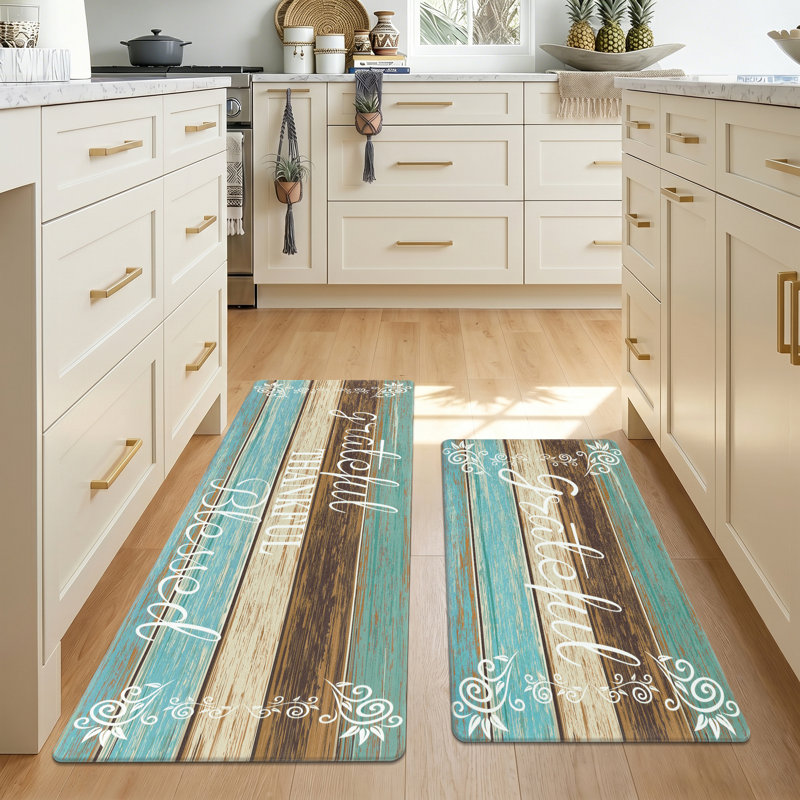 Tapis et tapis de cuisine anti-fatigue (ensemble de 2), Bleu sarcelle / brun