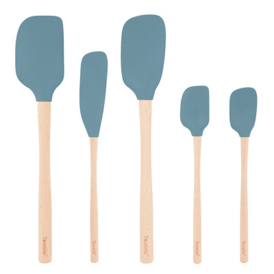 Tovolo Flex-Core Silicone Spatula Set of 5 with Natural Wood Handles for Cooking and Baking, Blue Slate