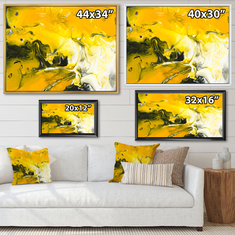 Jaune jaune noir et blanc liquide Art V - peinture sur toile, Cadre flottant blanc, H 24 po x l 32 po x P 1 po