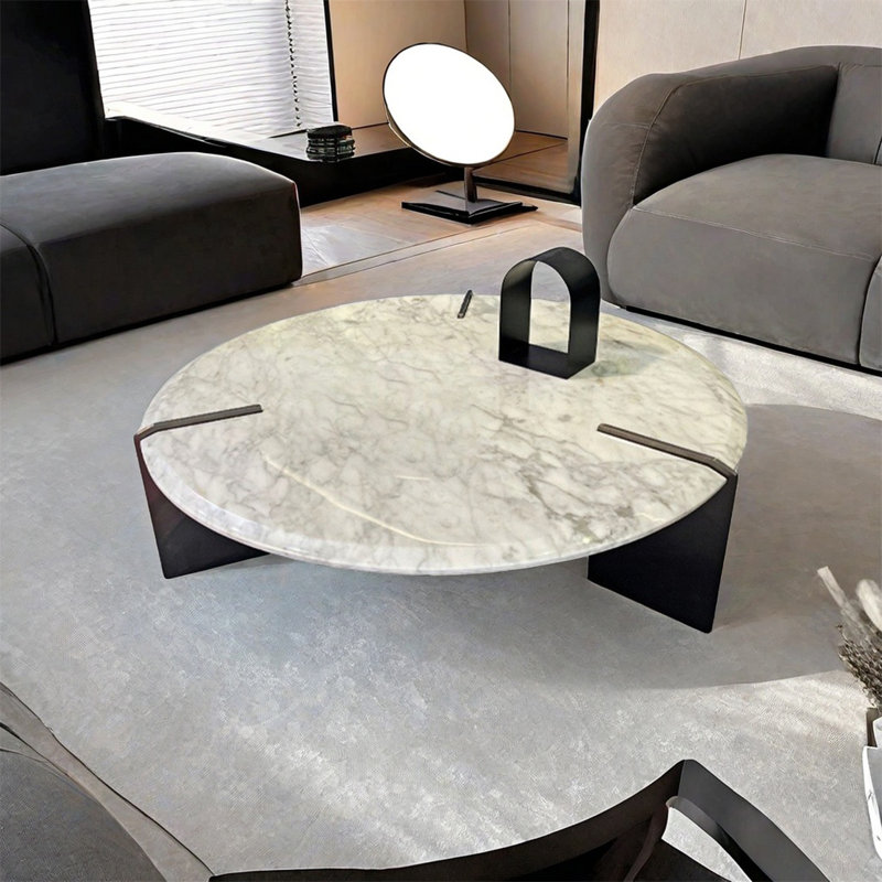 Table basse moderne simple ronde en marbre, Blanc / Gris, H 11,8 po x L 39,4 po x l 39,4 po
