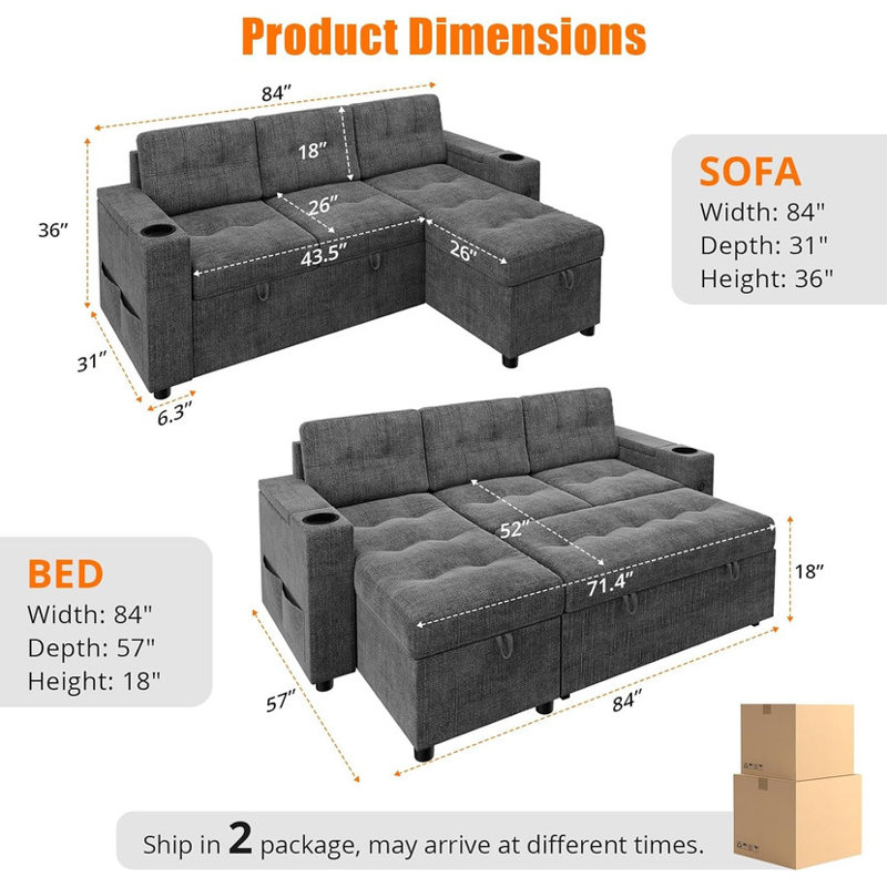 Canapé-lit en forme de L 84 po avec matelas coulissant, accoudoirs de rangement et ports USB - Lit modulaire peu encombrant pour petits espaces