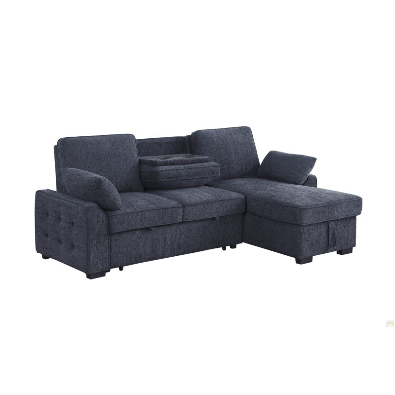 Chenille Fabric Reversible Sleeper Sectional With Storage Chaise, Drop-Down Table, Cup Holders And Charging Ports