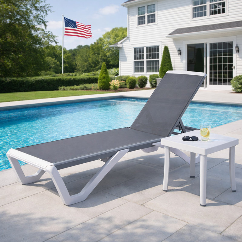 Kozyard Outdoor Chaise Lounge Chair, Full Flat Adjustable Patio Lounger with Aluminum Frame & Resin Legs, Textilene Fabric for Poolside, Backyard & Beach (Gray, W/ Table)