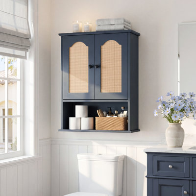 Boho White 2-Door Accent Storage Cabinet with Cane Rattan Doors, Open Shelf, and Contrast Hardware - Modern Farmhouse Style, Grayish Blue