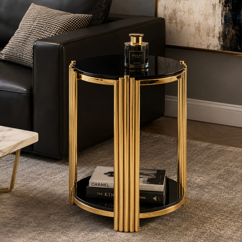 Table basse en verre trempé cannelé Modern Glam, Or/noir