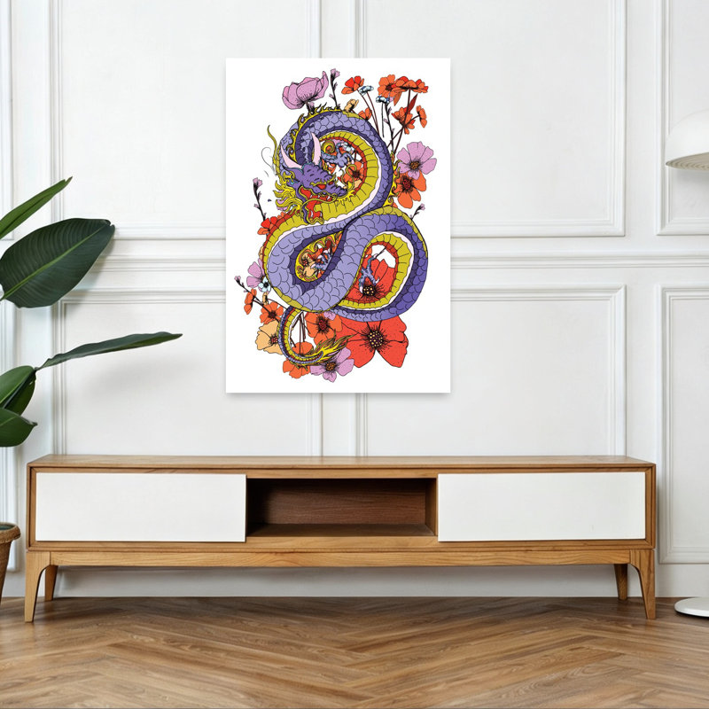 «Vibrant Floral Dragon», art animalier contemporain et coloré, H 48 po x l 32 po