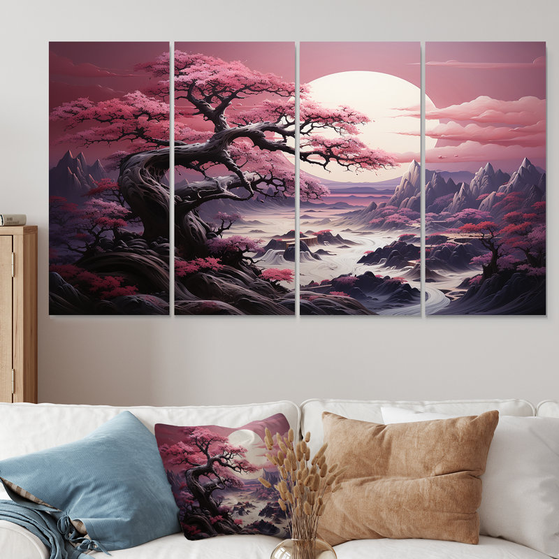 Arbre de fleurs de cerisier mauve au bord du lac III - Décoration murale 4 pièces, H 32 po x l 64 po
