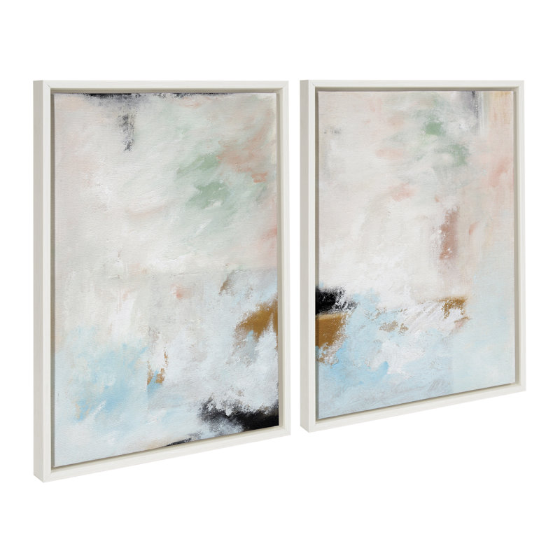 Vikshi Soft Abstract Brushstrokes - Ensemble de 2 reproductions encadrées sur toile, Blanc