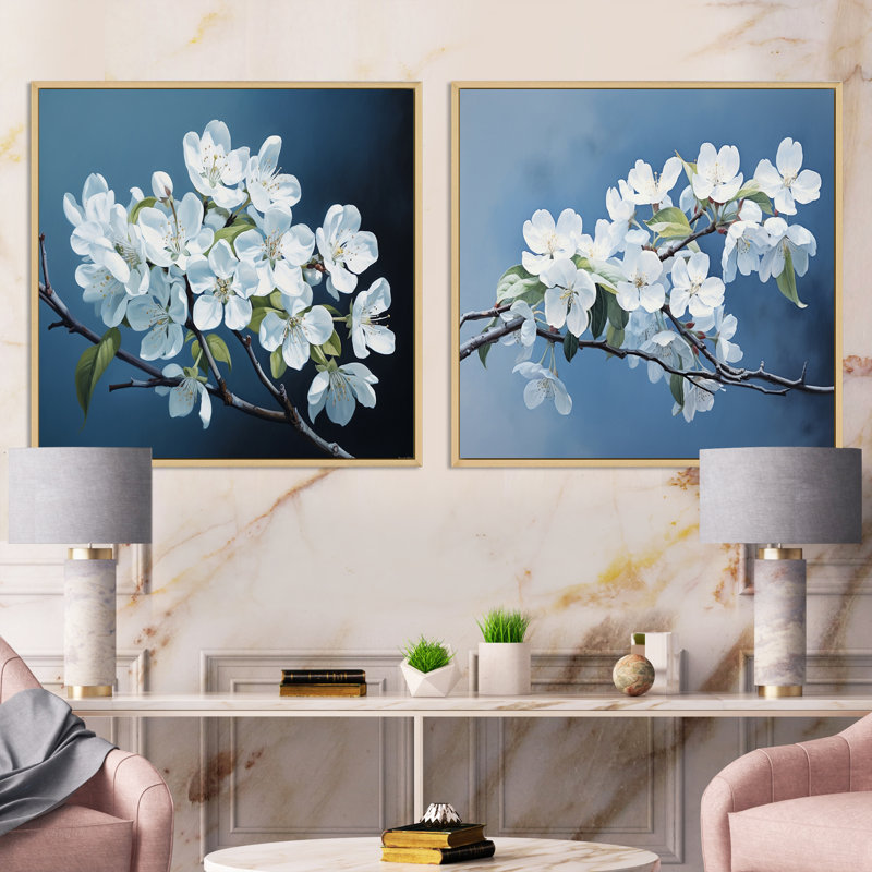 Ensemble de 2 fleurs bleues et blanches à motif de fleurs de pommiers monochromes, Cadre flottant brun, H 36 po x l 73 po