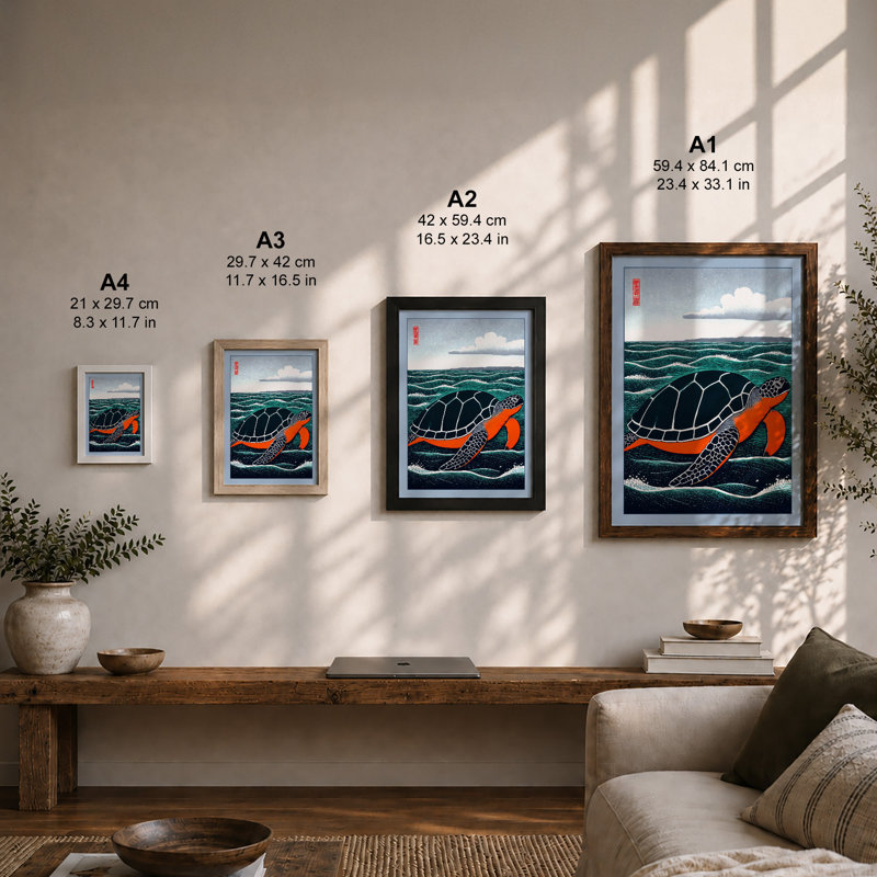 Turtle Swimming Through Waves Japandi - Print, A3 - 42.0 x 29.7 cm, Black