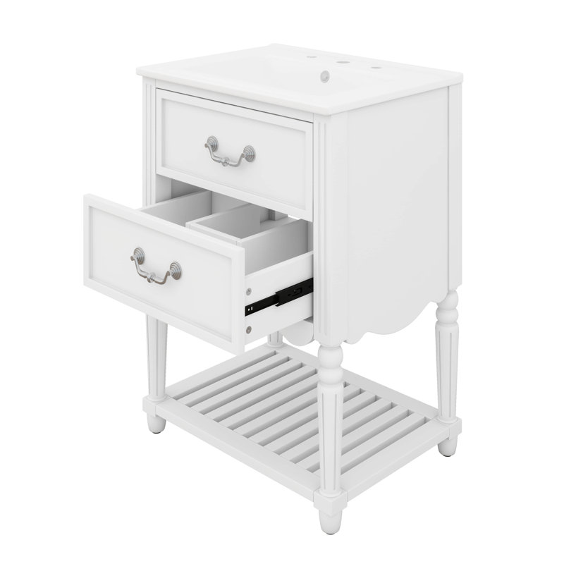 Meuble-lavabo de 24 po avec lavabo en céramique, armoire de rangement moderne avec deux tiroirs et une tablette ouverte